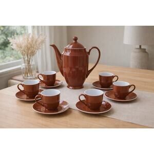 Vintage F&B China Czechoslovakia Burgundy Tea Set Cups Saucers